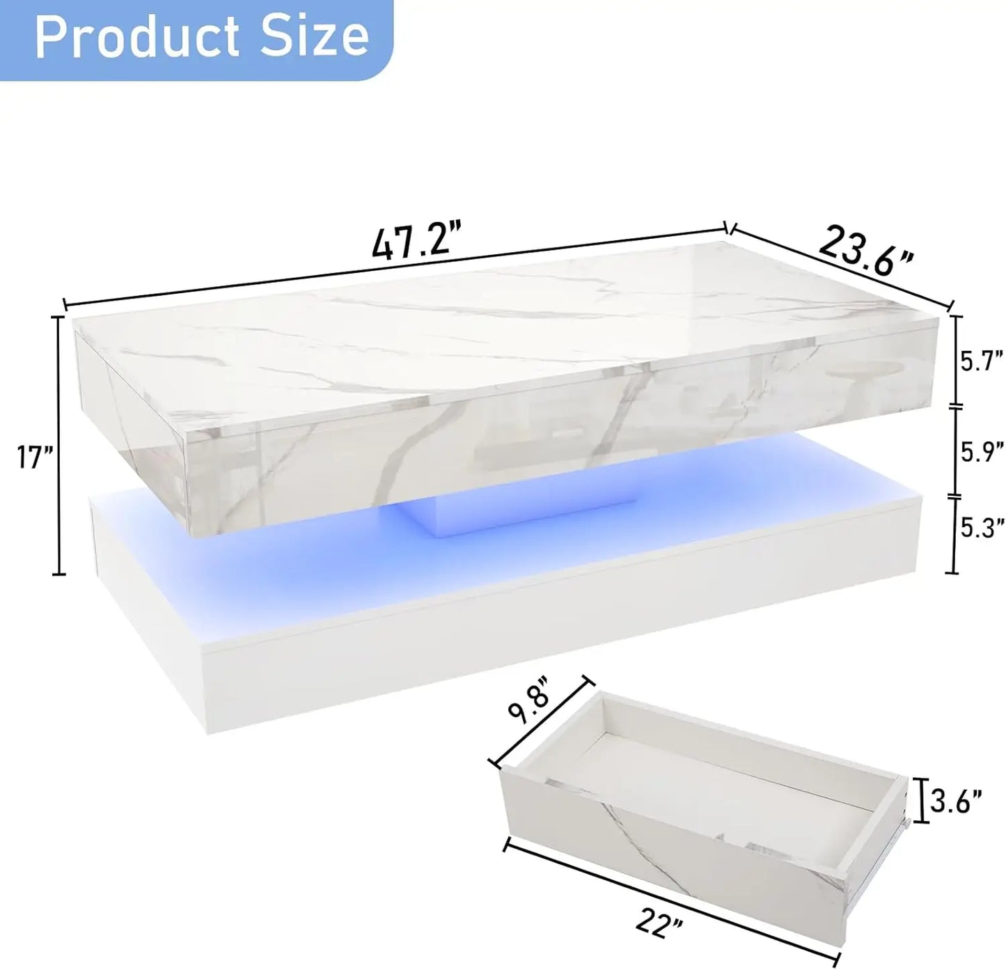 Double-Layer Coffee Table with LED lights & 2 Storage Drawers