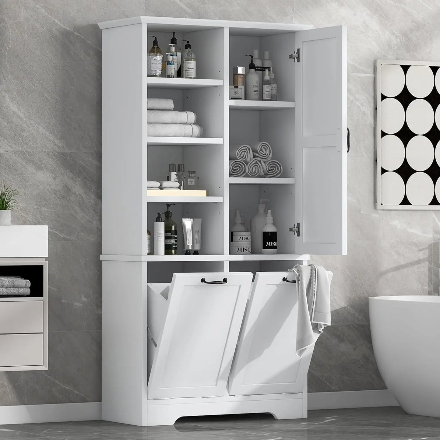 68" Tall Bathroom Storage Cabinet with 2 Tilt Out Laundry Hamper Door & Adjustable Shelves