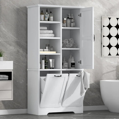 68" Tall Bathroom Storage Cabinet with 2 Tilt Out Laundry Hamper Door & Adjustable Shelves
