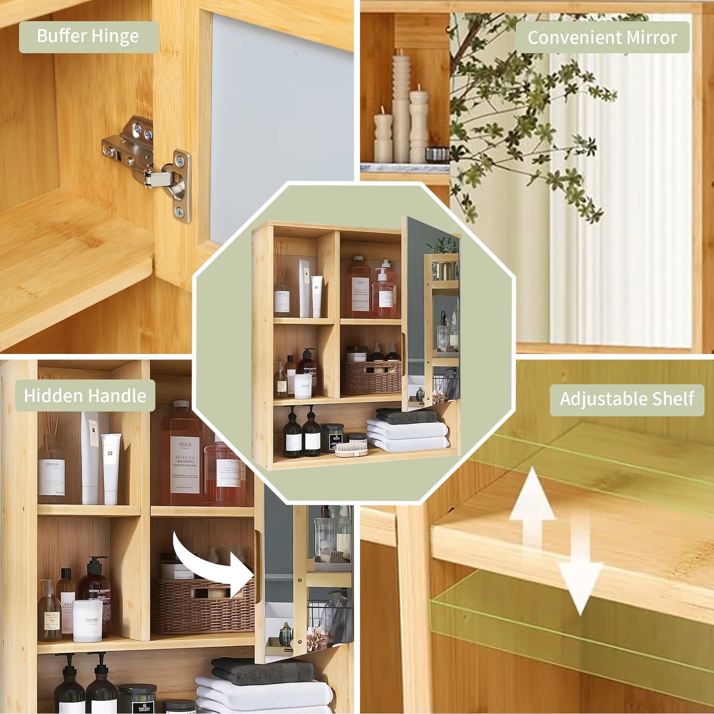 Bamboo Bathroom Medicine Cabinet with Mirror & Shelves