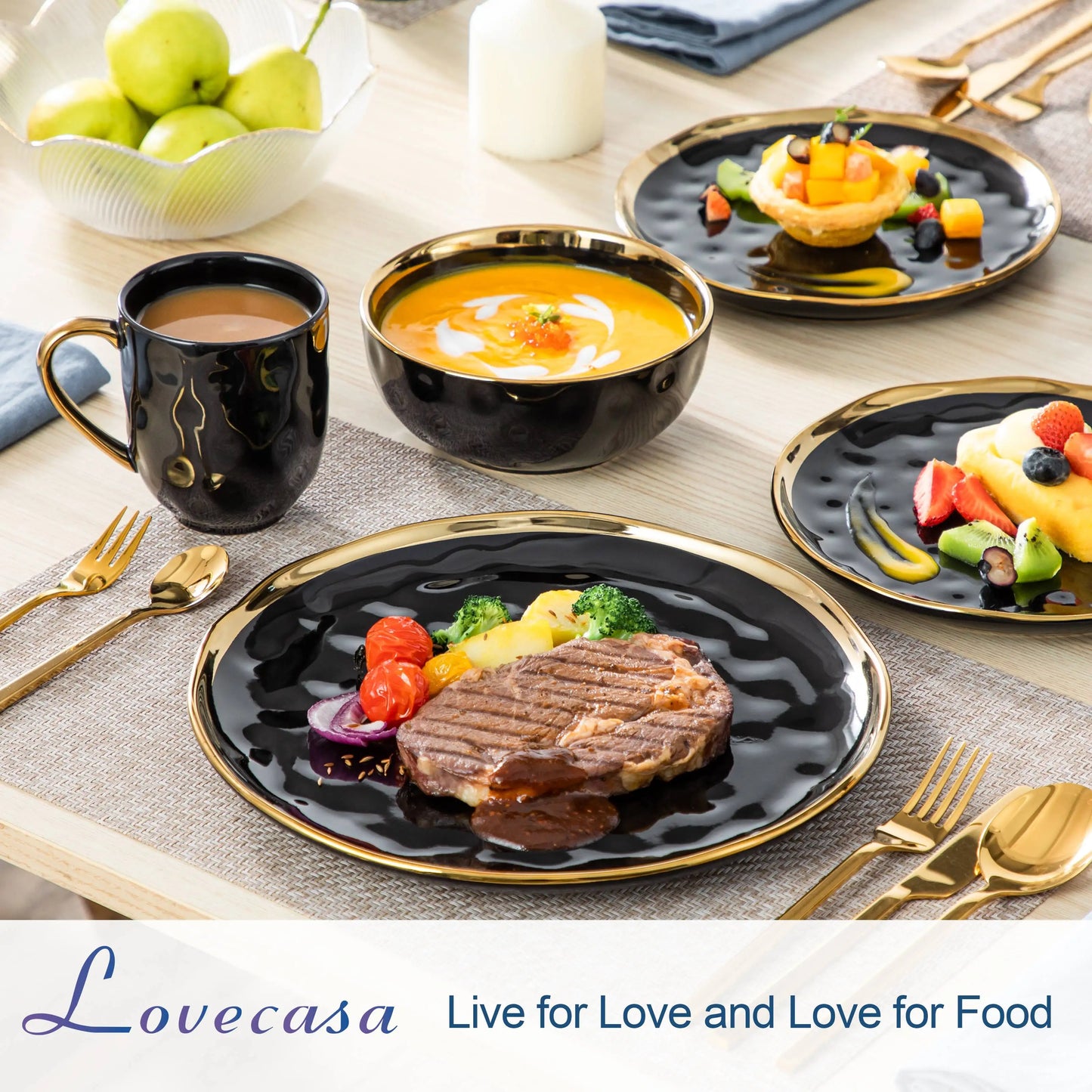 16/32 Piece Black Porcelain Dinnerware Set with Gold Trim