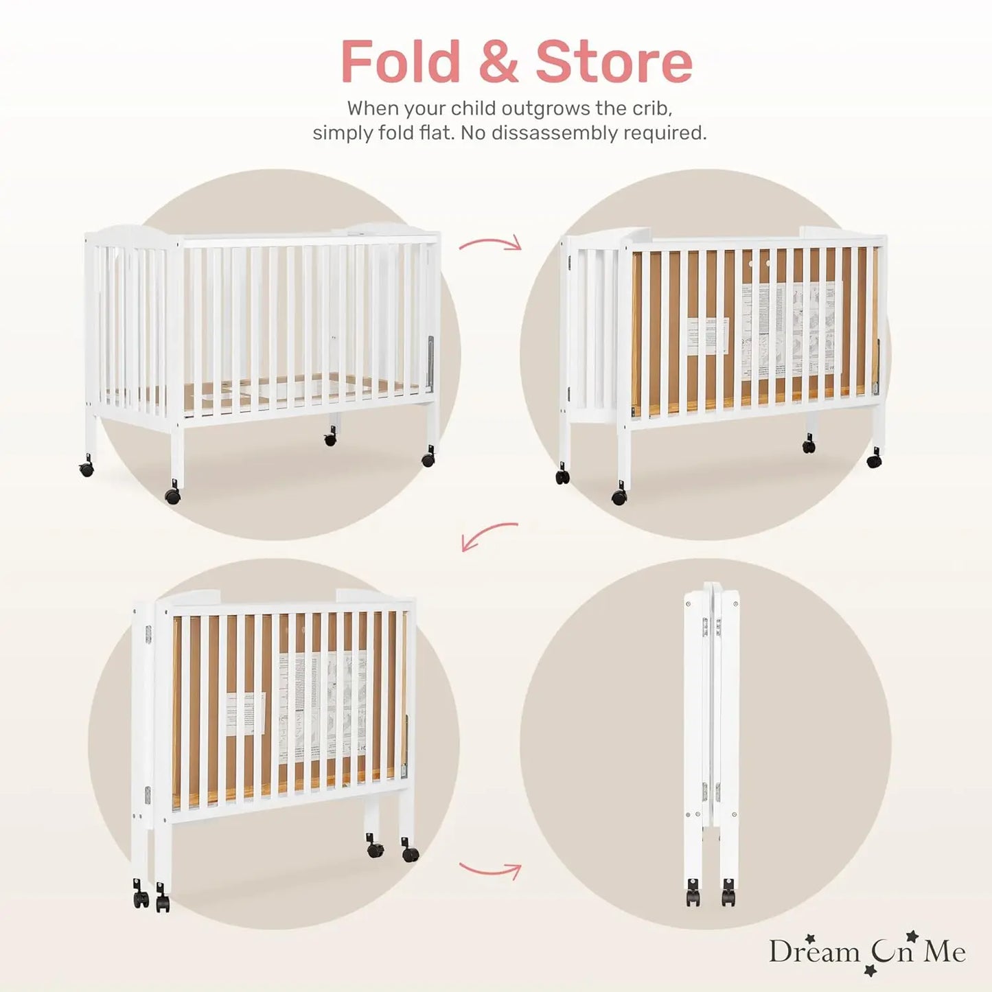 Full-Size Baby Crib is Portable with Quick Fold System, Strong Wheels, Adjustable Mattress Heights