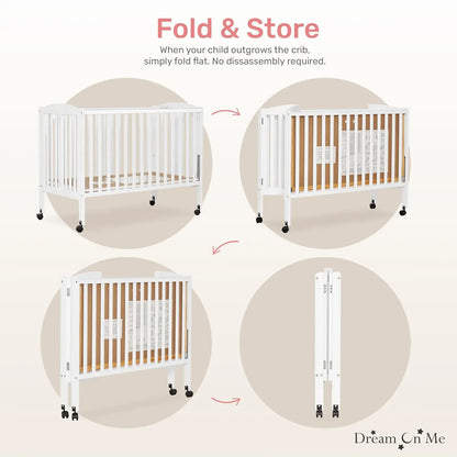 Full-Size Baby Crib is Portable with Quick Fold System, Strong Wheels, Adjustable Mattress Heights