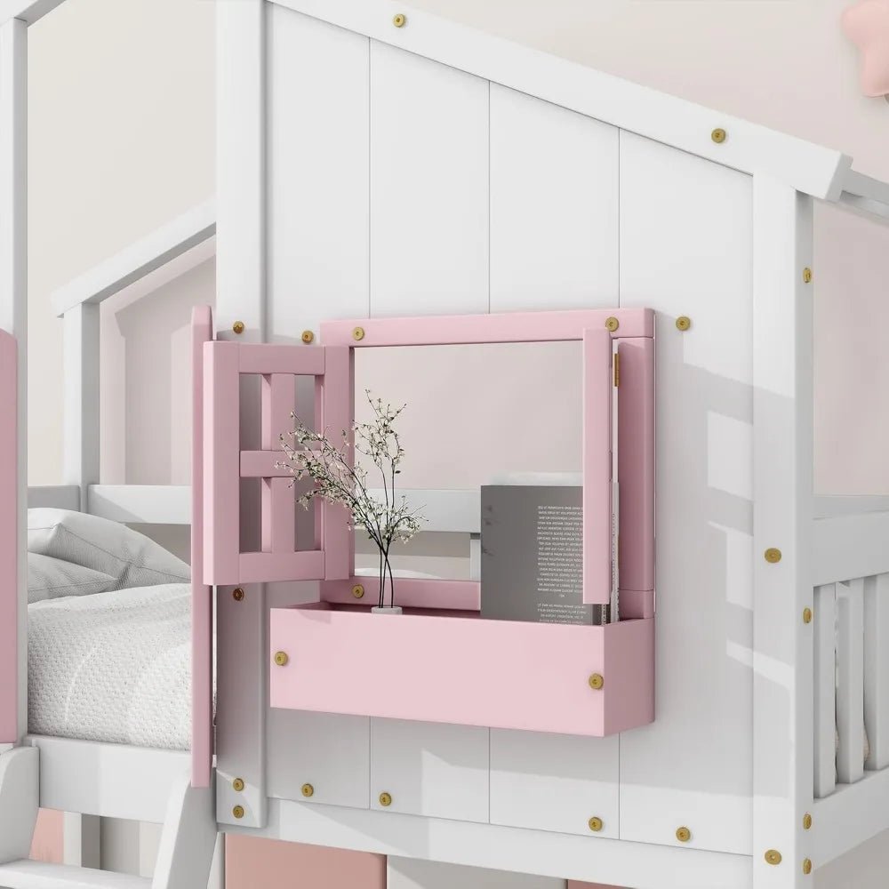 Floor House Bunk Bed with Roof and Window