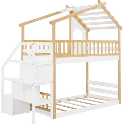 Stairway House Bunk Bed Frame with Storage and Guard Rail