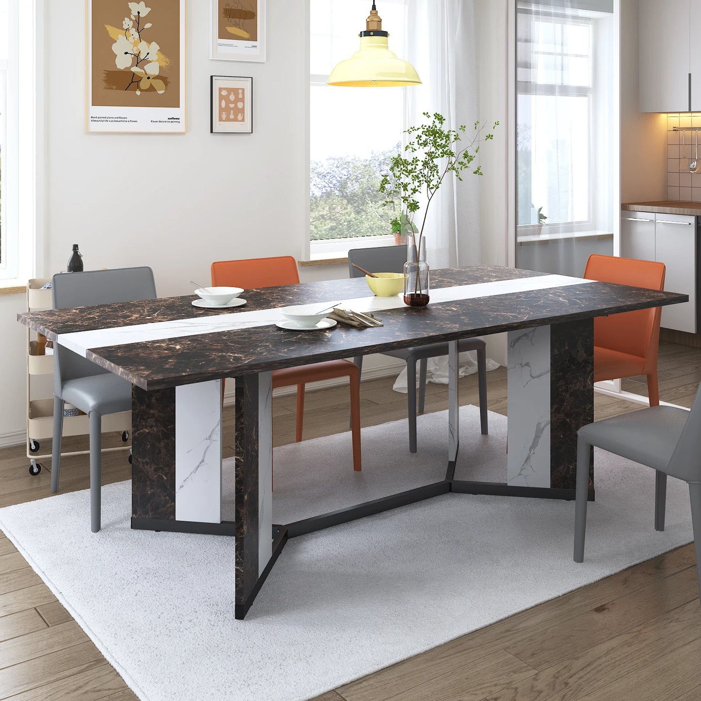 71" Large Rectangular Family Dinner Table with Marble Color, Wood Tabletop & Metal Leg