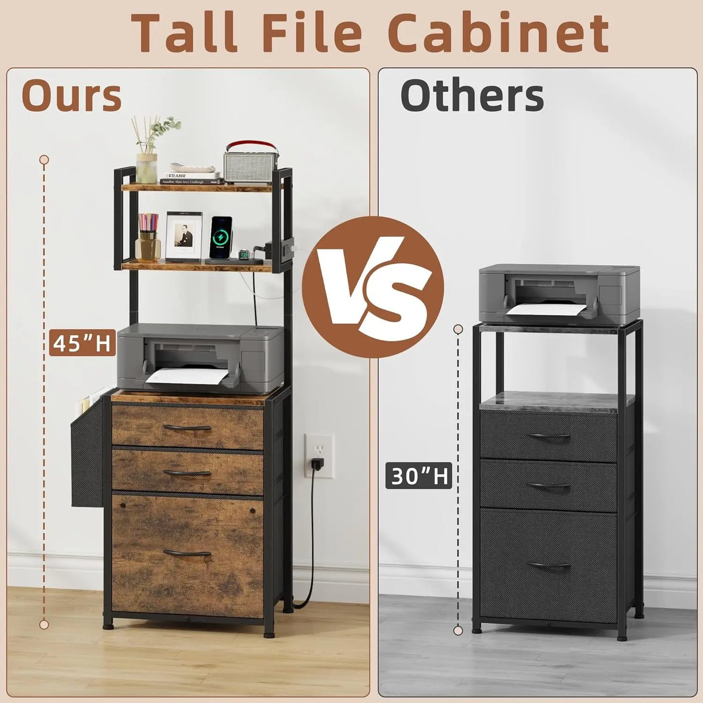3-Drawer File Cabinet with Charging Station