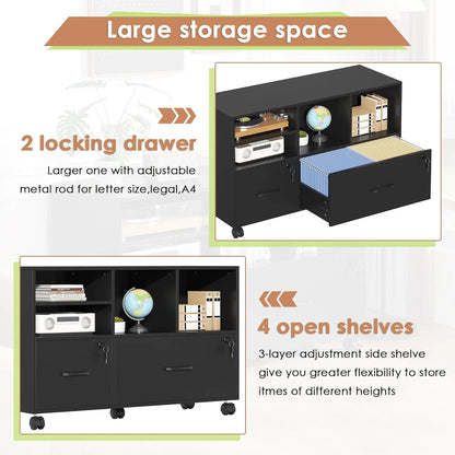 Portable 2 Drawer Wood Lateral File Cabinet with Lock