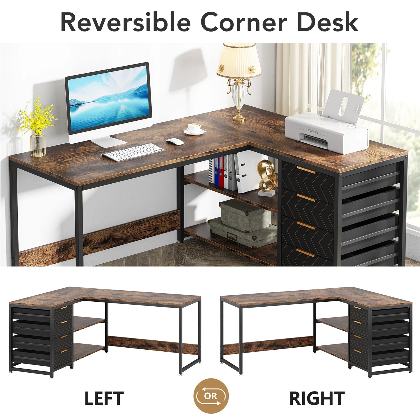 59 inch Corner Desk with Shelves & Storage Drawers