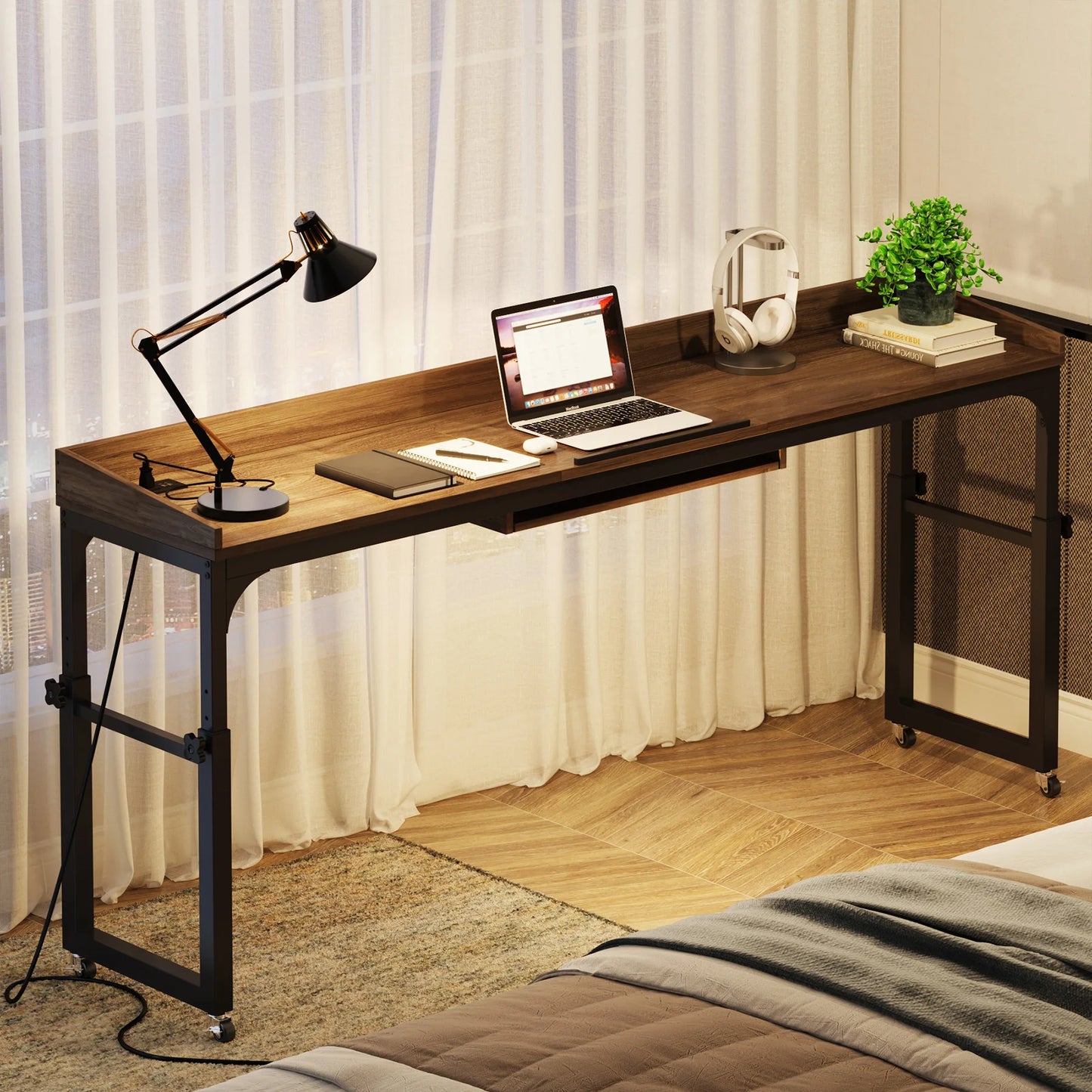 Queen Size Over Bed Desk with Adjustable Tilt Stand & Wheels