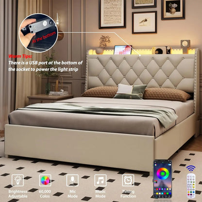 Queen Size Upholstered Platform Bed with LED Lights, Charging Station, 4 Drawers & Storage Shelf