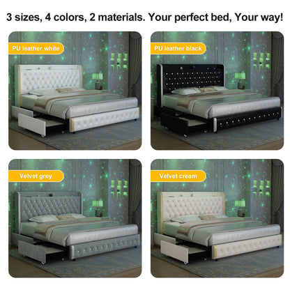 LED Bed Frame with Galaxy Projector, USB Ports & 4 Drawers
