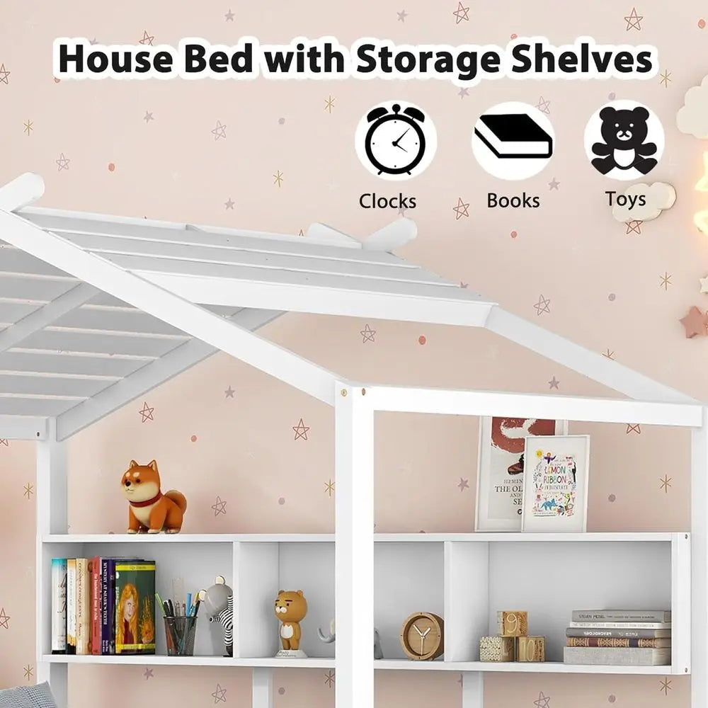 White Wooden Kids House Bed with Storage Drawers and Shelves
