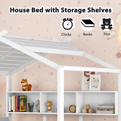 White Wooden Kids House Bed with Storage Drawers and Shelves