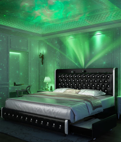 LED Bed Frame with Galaxy Projector, USB Ports & 4 Drawers