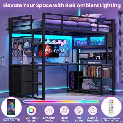 Twin Loft Bed L-Shaped Gaming Desk w/ Storage Hutch, RGB Lights