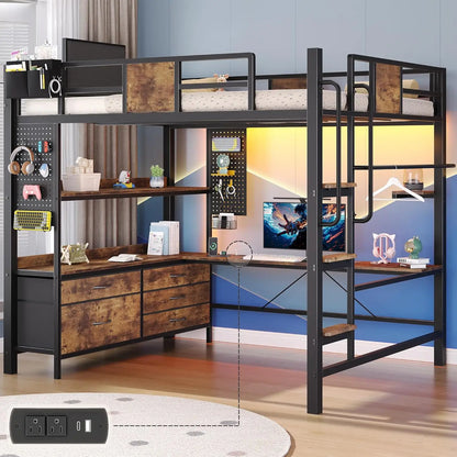 Full Size Loft Bed with Desk, Drawers, Shelves & Charging Station