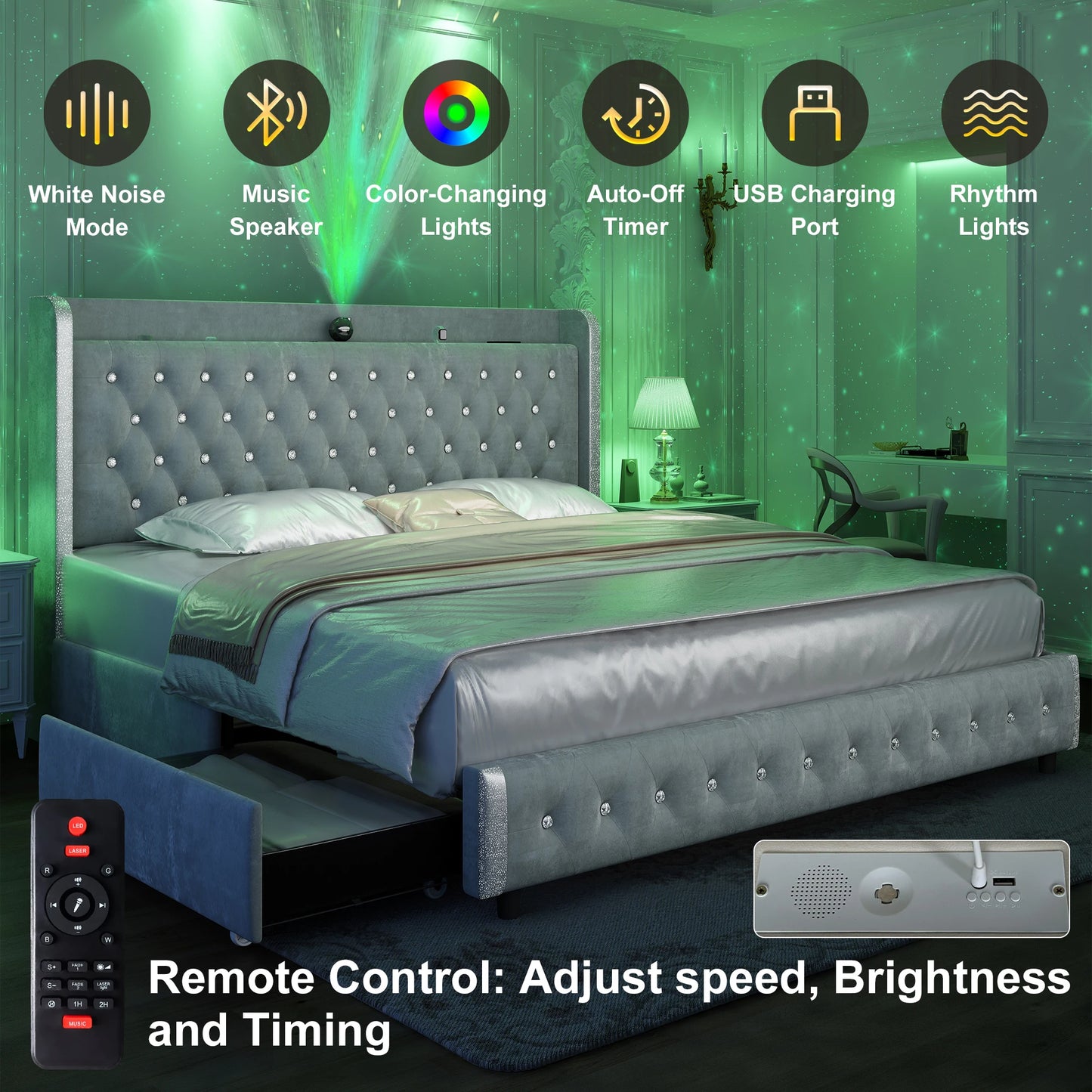 LED Bed Frame with Galaxy Projector, USB Ports & 4 Drawers