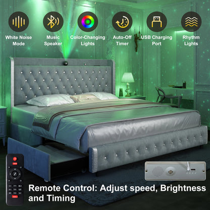 LED Bed Frame with Galaxy Projector, USB Ports & 4 Drawers