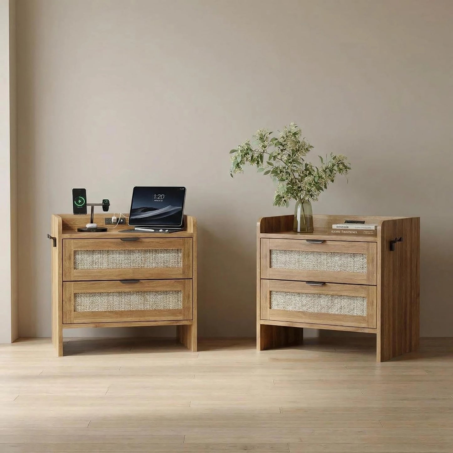 Modern Rattan Nightstand Set of 2 with Charging Station