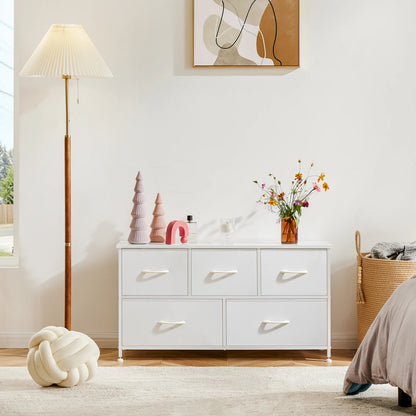 Wide Fabric Storage Tower with Wooden Top and Metal Frame