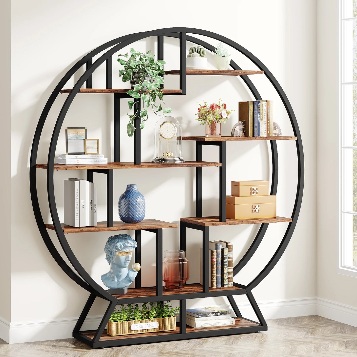 63-Inch Round Wood Bookshelf with Staggered Shelves