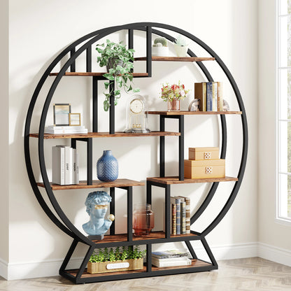 63-Inch Round Wood Bookshelf with Staggered Shelves