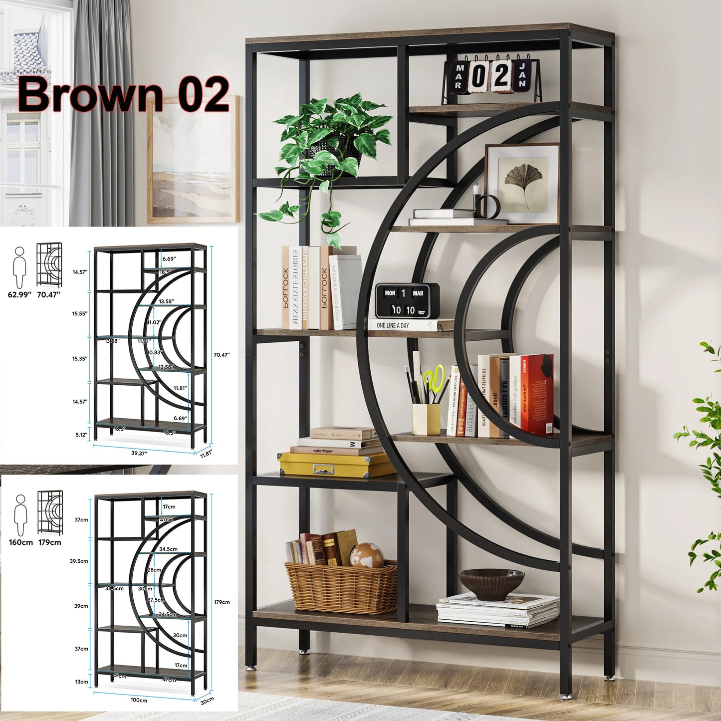 Elegant Geometric 5 Tier Bookshelf with Open Display Shelves