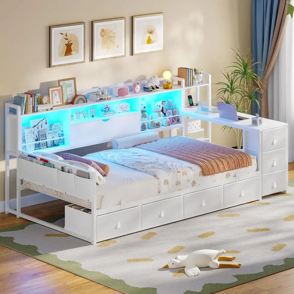 Twin Bed with Desk, Charging Station, Drawers & Bookcase