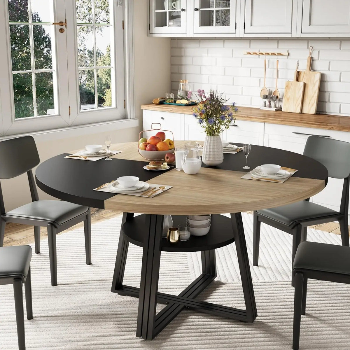 Round Farmhouse Dining Table with Shelf