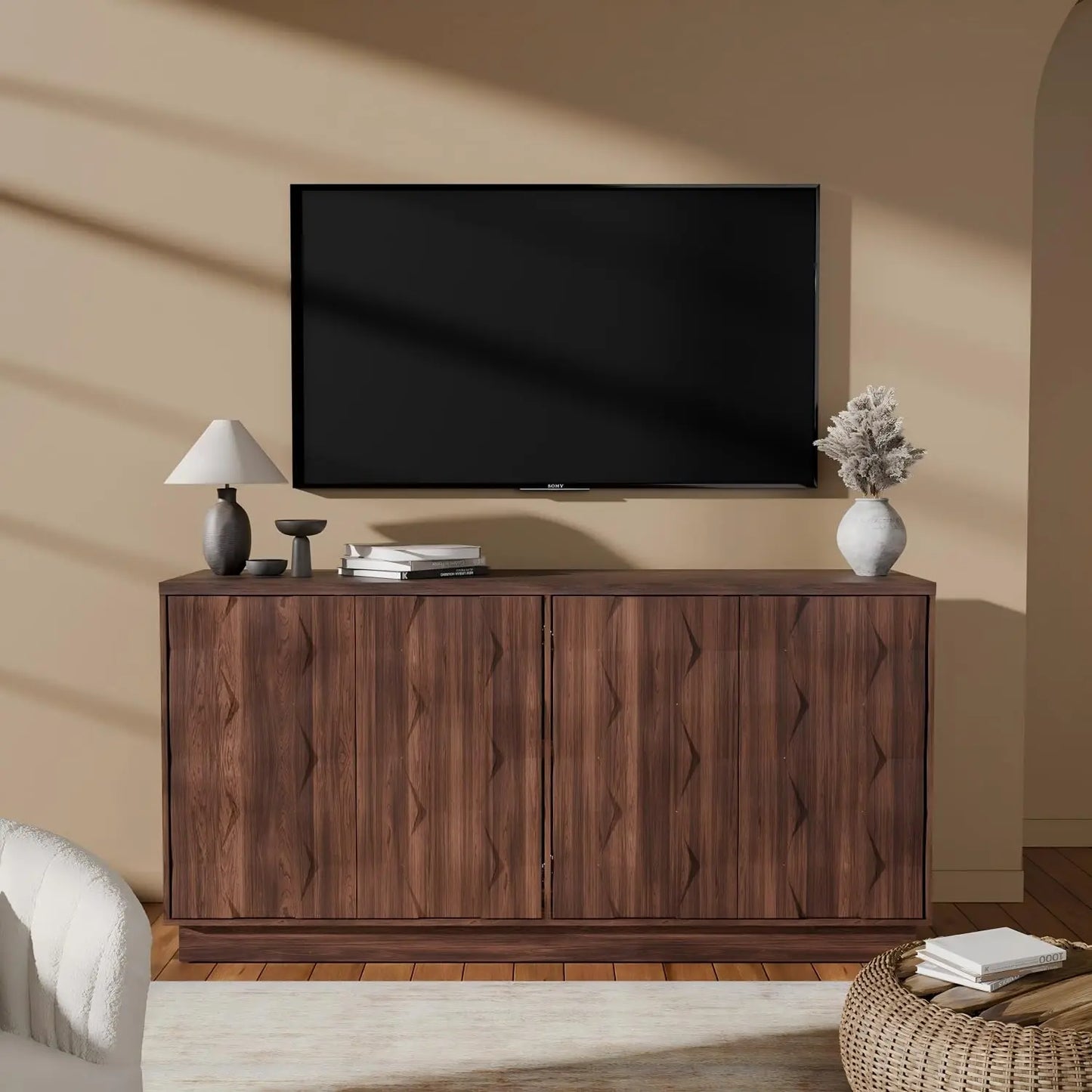 60" Walnut Sideboard Buffet Cabinet w/ Hexagon Textured Doors