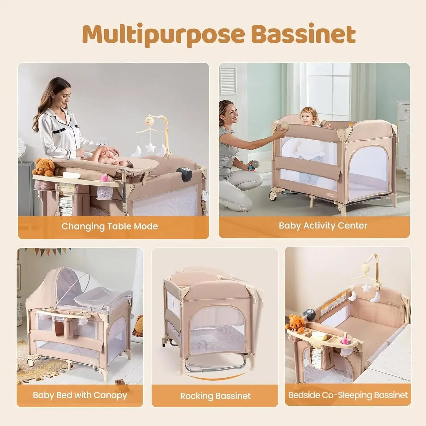 9 in 1 Bedside Bassinet with Changing Table & Music Center