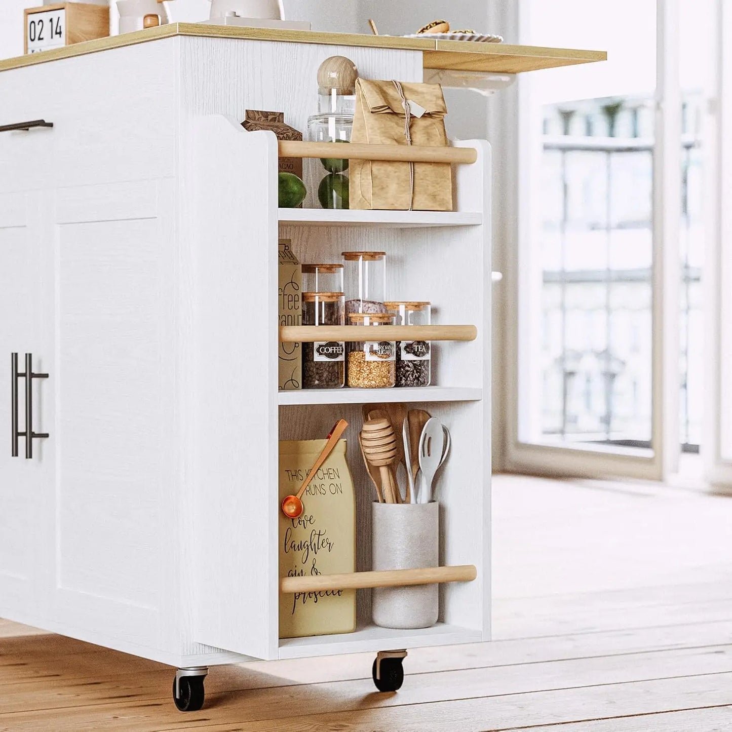 Rolling Kitchen Island with Drop Leaf & Spice Rack Shelf