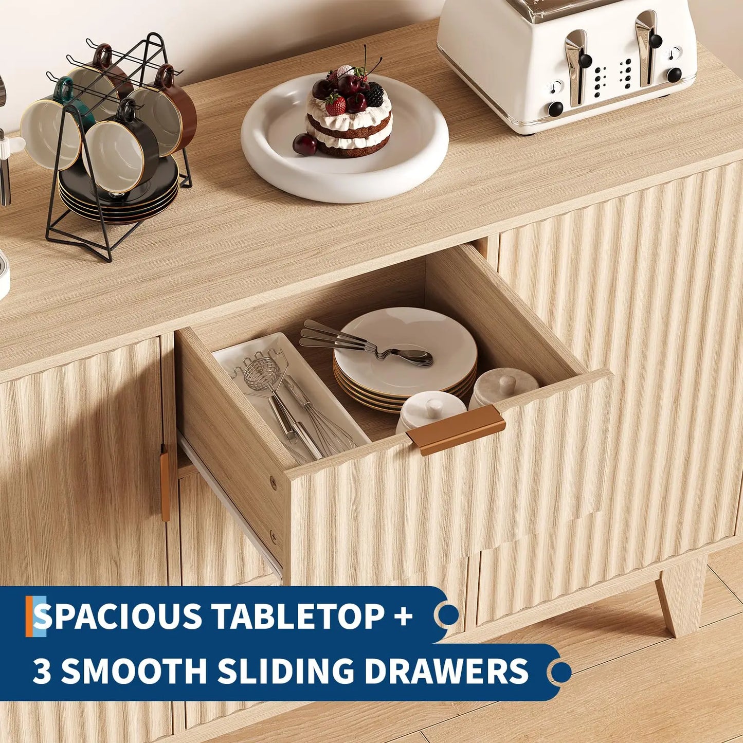 47.2" Fluted Buffet Cabinet With 3 Drawers & 2 Doors