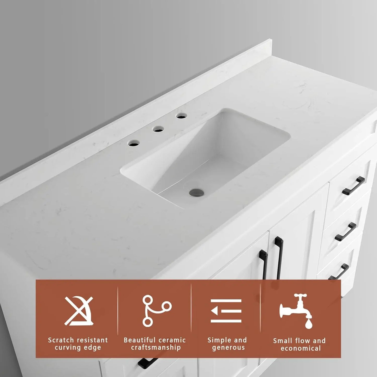 48" White Stone Top Vanity Cabinet with Soft Close Doors 6 Drawers