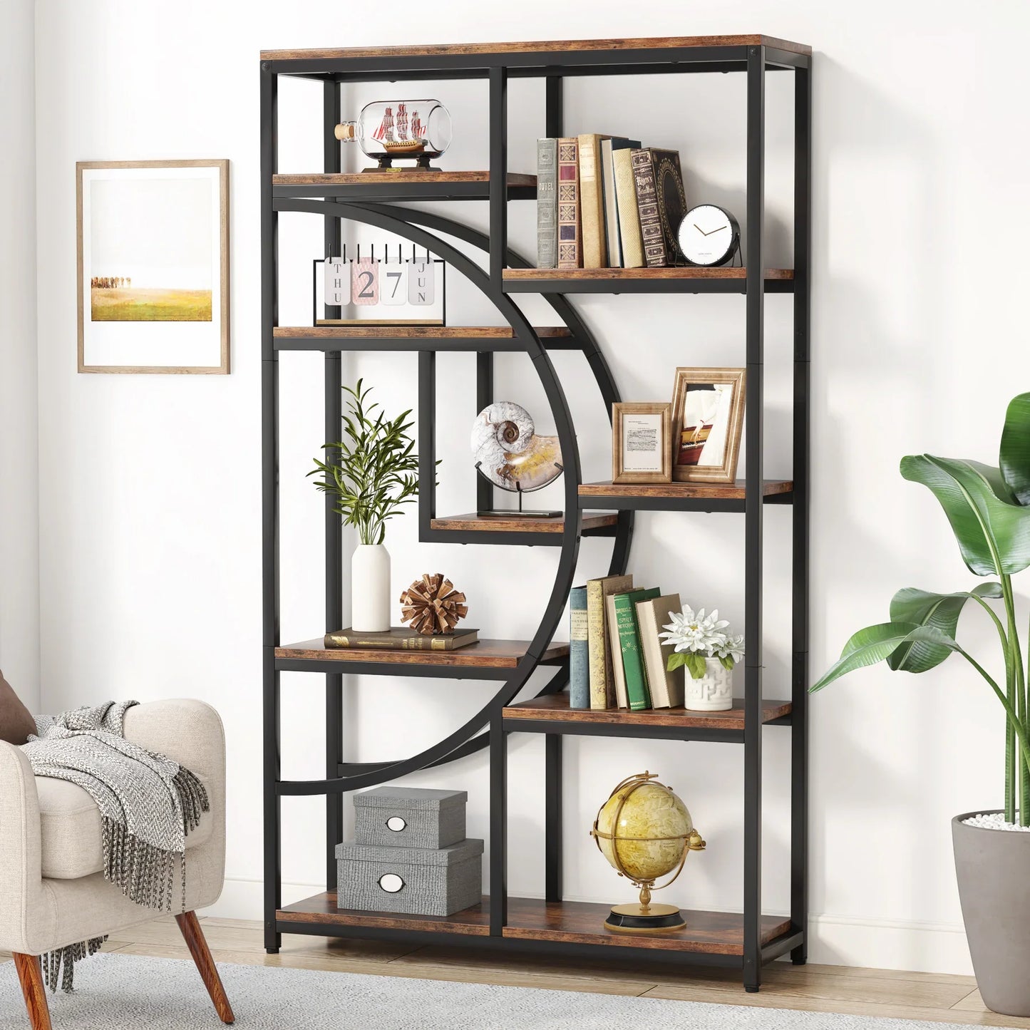 Elegant Geometric 5 Tier Bookshelf with Open Display Shelves