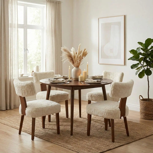 Set of 4 Mid-Century Fur Fabric Dining Chairs with Curved Backrest & Wood Legs