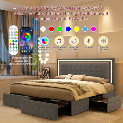 LED Bed Frame with 4 Storage Drawers & Upholstered Headboard