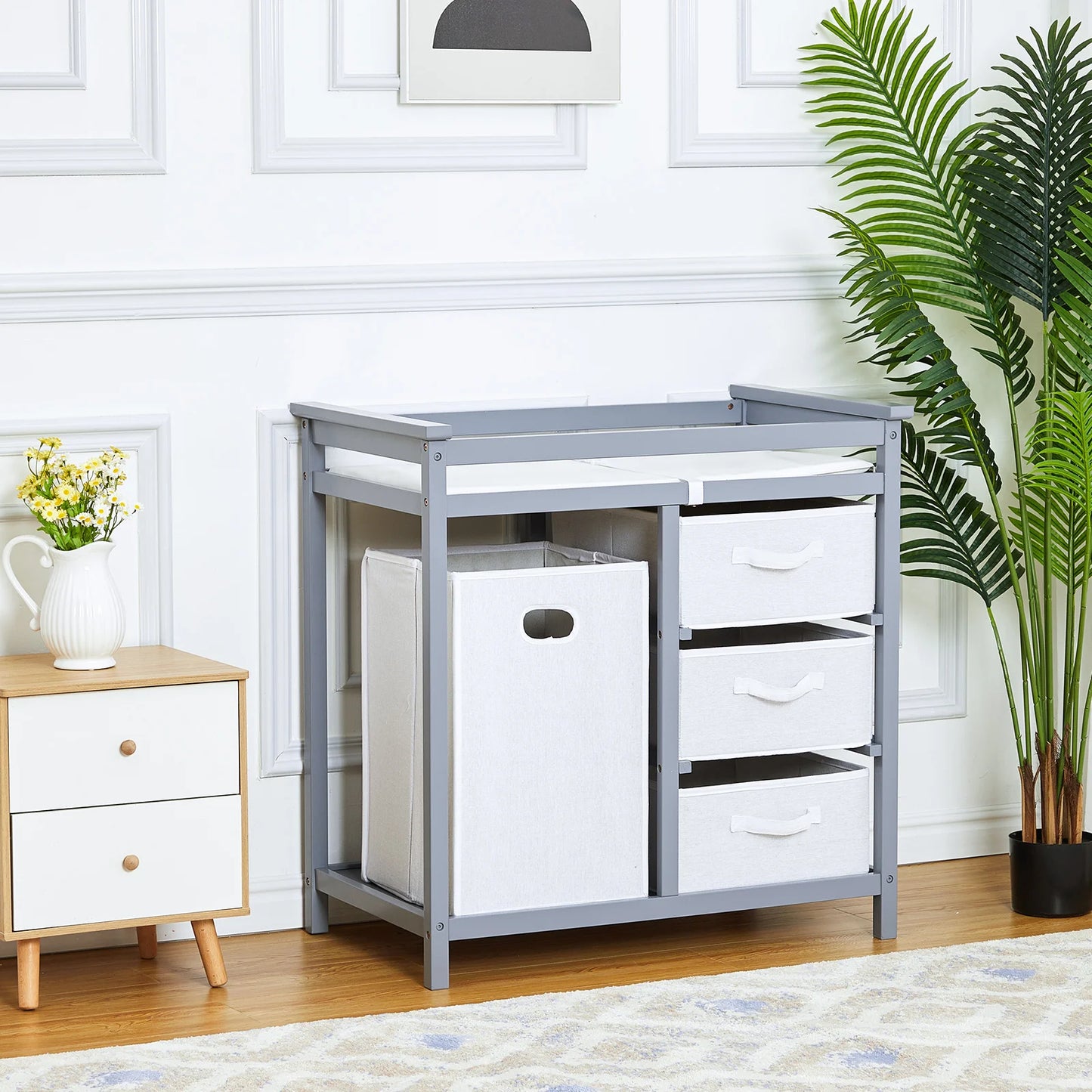 Wooden Diaper Changing Station Dresser with Laundry Hamper