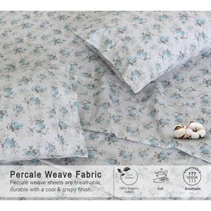 Blue Rose - Crisp Cooling 100% Organic Cotton Percale Bed Sheet Set