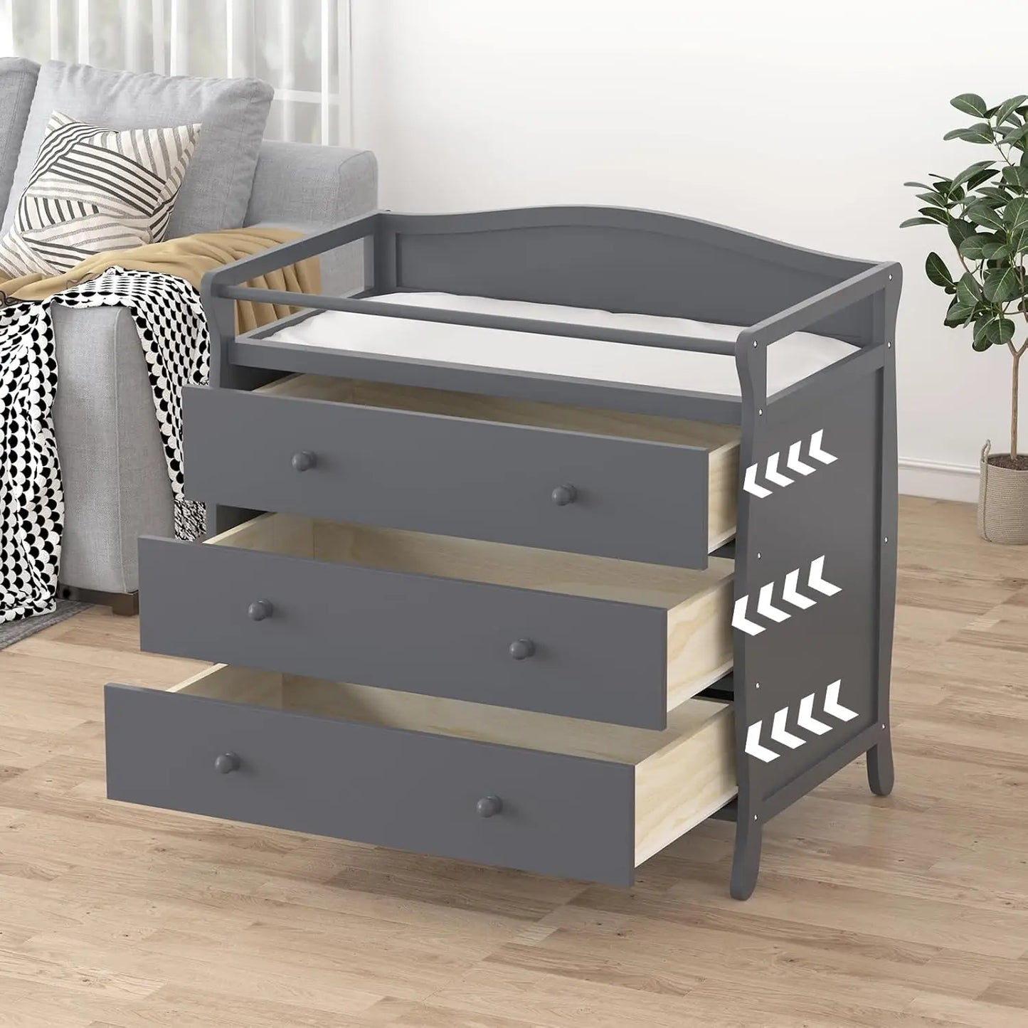 3 Drawer Wooden Diaper Changing Station with Safety Belt & Rails