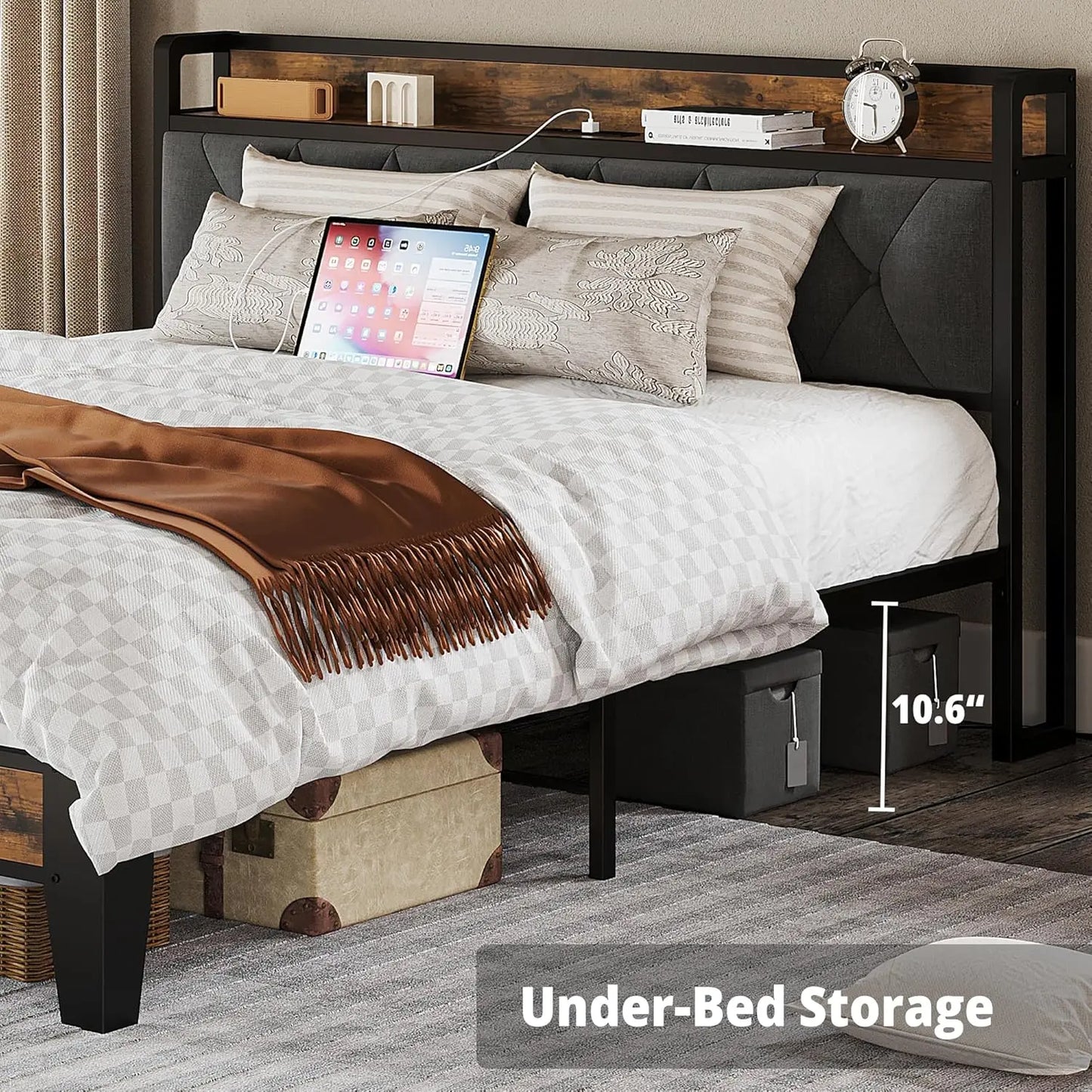 Multi Size Bed Frames with Storage Headboard