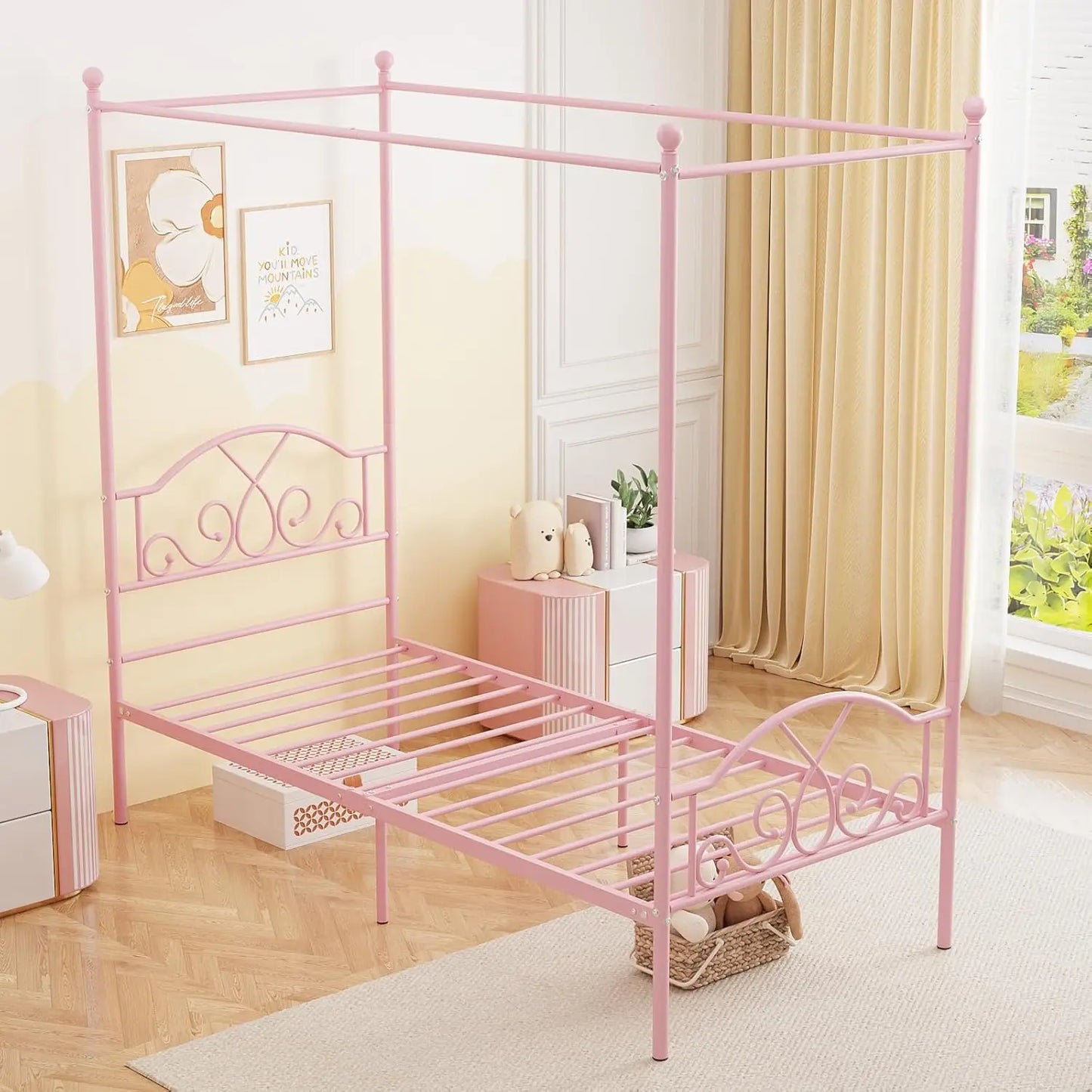 Pink Princess Canopy Bed Frame with 4 Posters, Twin Size