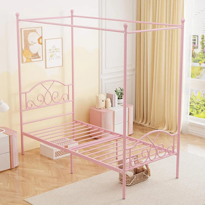 Pink Princess Canopy Bed Frame with 4 Posters, Twin Size
