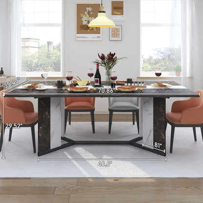 71" Large Rectangular Family Dinner Table with Marble Color, Wood Tabletop & Metal Leg