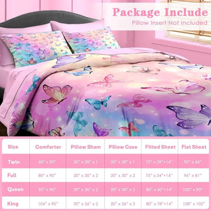 5 Pcs Comforter Set Twin Size, Pink, Blue & Purple Butterfly