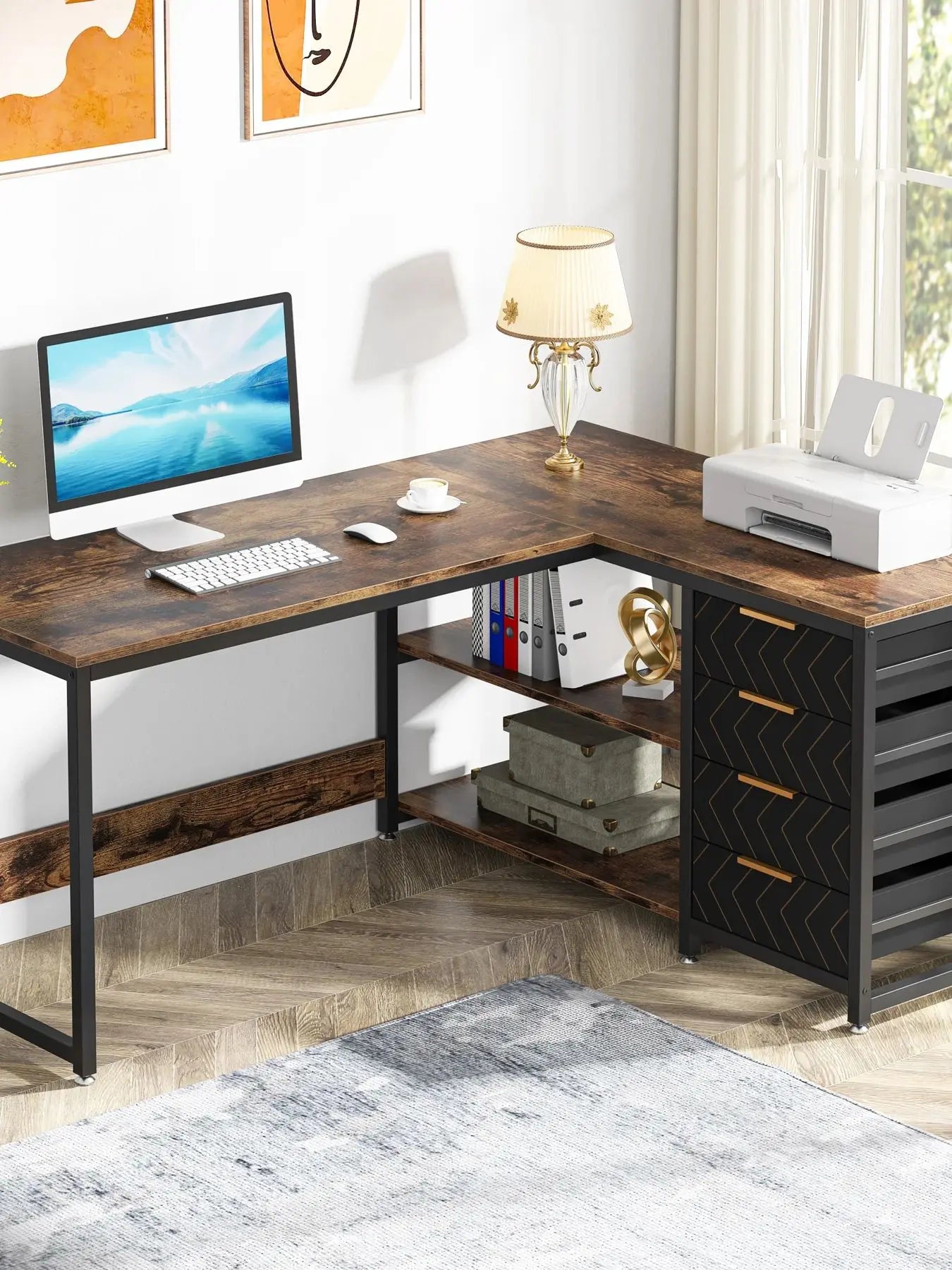 59 inch Corner Desk with Shelves & Storage Drawers