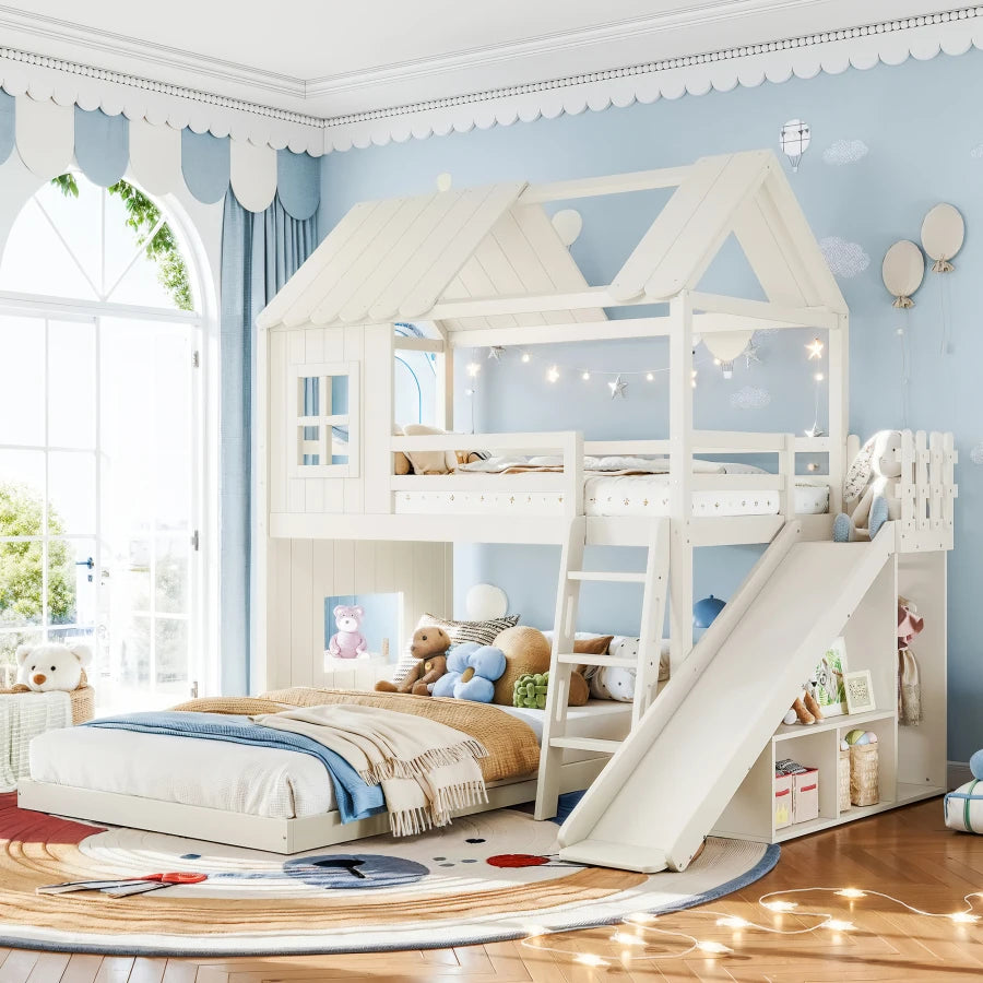 Twin over Full House Bunk Bed with Ladders and Slide