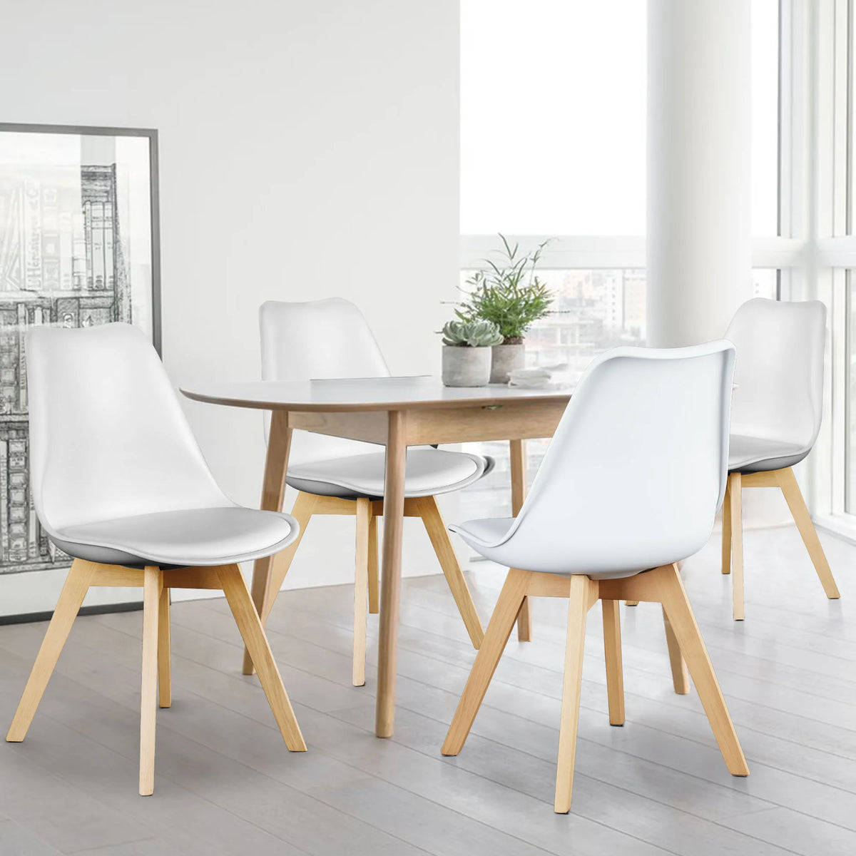 4 Leather Dining Chairs with Wood Legs