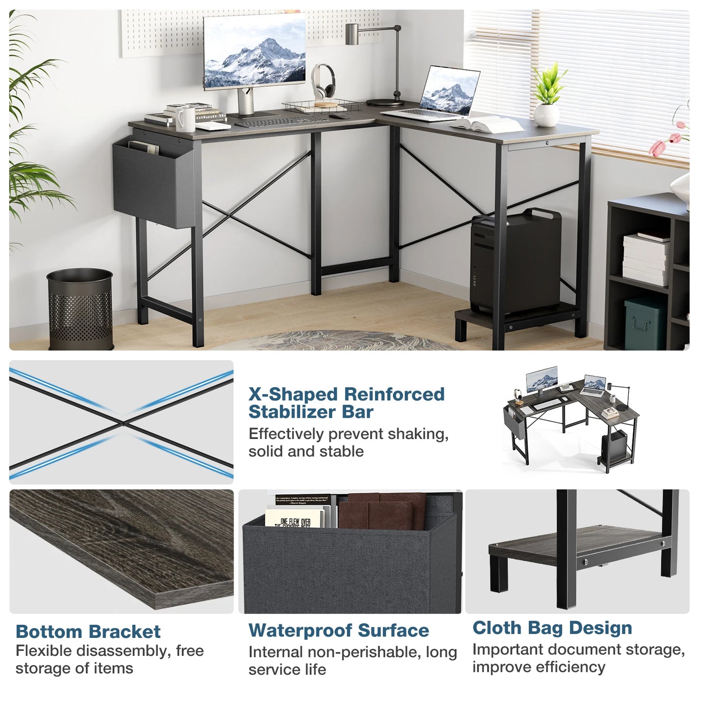 Wooden Corner Table with CPU Storage Shelf & Side Bag